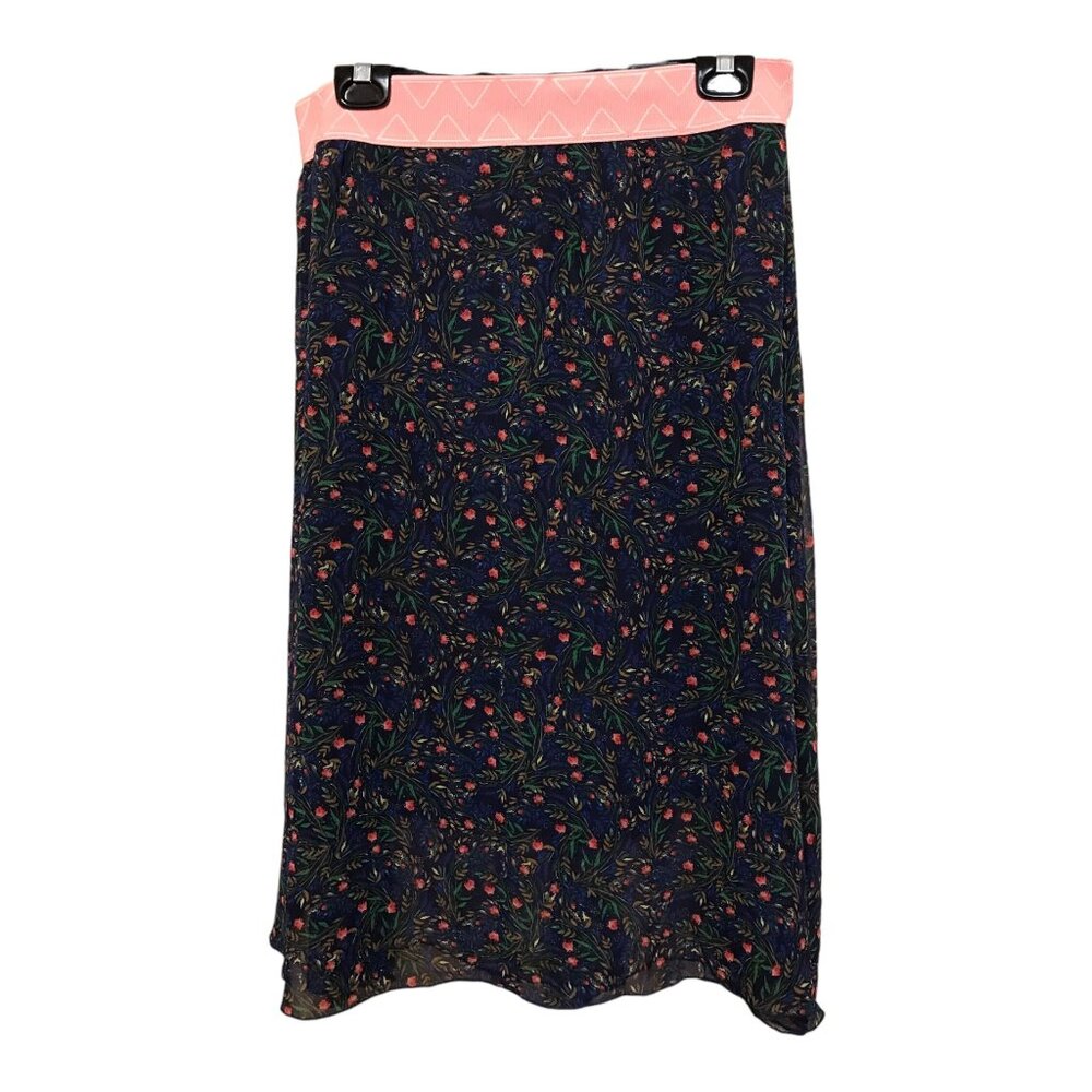 LulaRoe Blue Green‎ with Pink Waist Band  Mid Length Womens Size Large Skirt